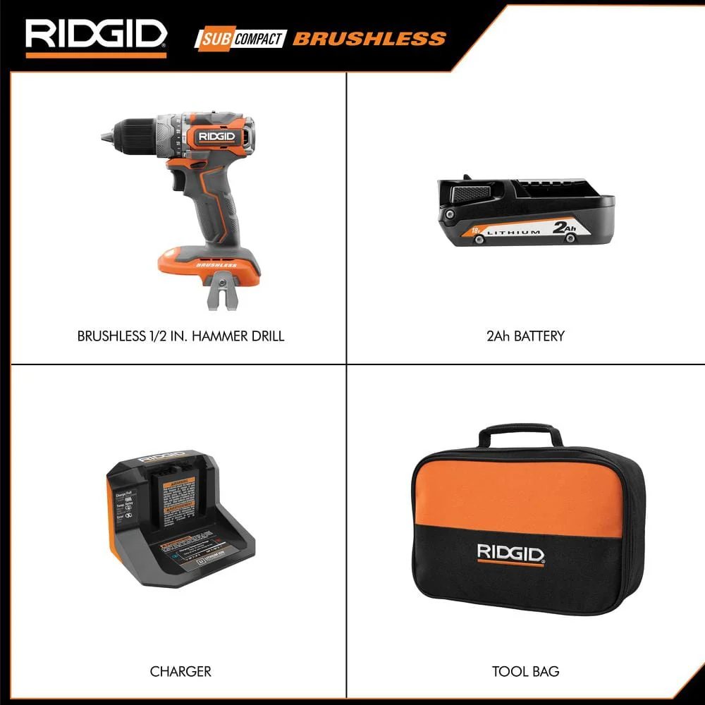 18V SubCompact Brushless 1/2 in. Hammer Drill Kit with (2) 2.0 Ah Batteries, Charger, and Bag - Image 2