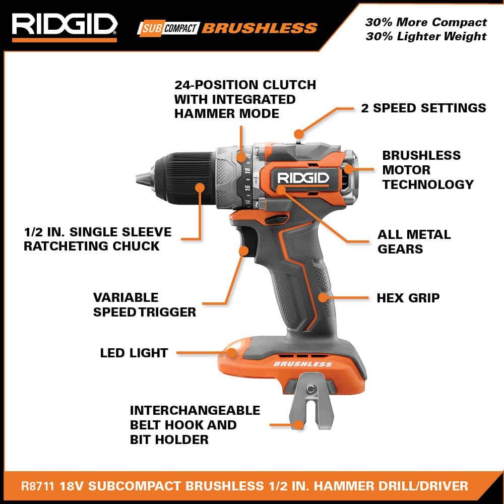 18V SubCompact Brushless 1/2 in. Hammer Drill Kit with (2) 2.0 Ah Batteries, Charger, and Bag - Image 3