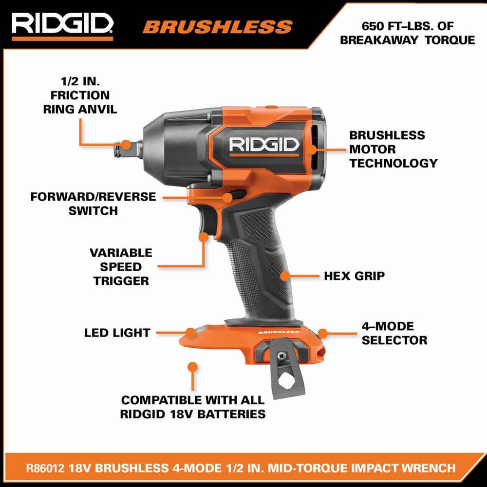 18V Brushless 4-Mode 1/2 in. Mid-Torque Impact Wrench Kit with Pin Detent (Tool Only) - Image 3