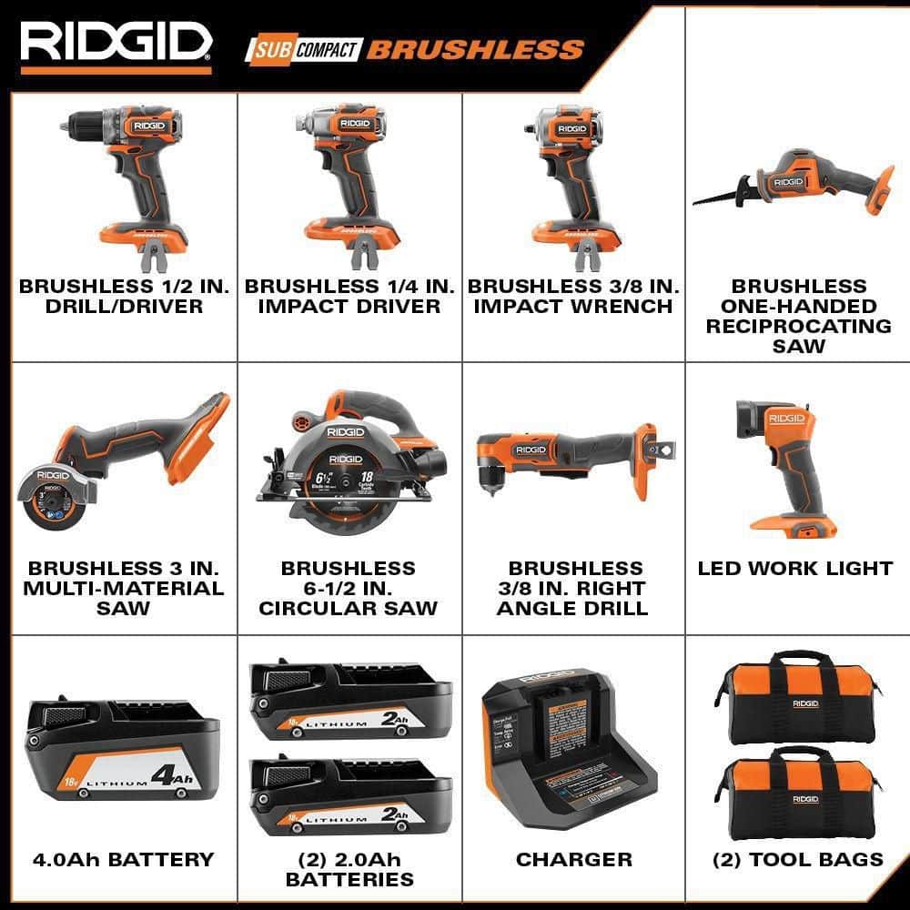 18V SubCompact Brushless Cordless 8-Tool Combo Kit with (2) 2.0 Ah Batteries, 4.0 Ah Battery, Charger, and Bag - Image 2