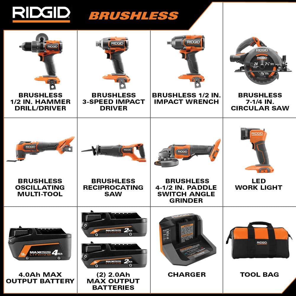 18V Brushless Cordless 8-Tool Combo Kit with (2) 2.0 Ah and (1) 4.0 Ah MAX Output Batteries, and Charger - Image 2