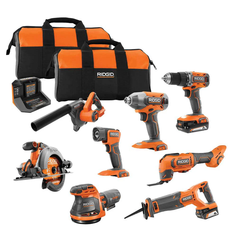 18V Cordless 8-Tool Combo Kit with 2.0 Ah Battery, 4.0 Ah Battery, and Charger